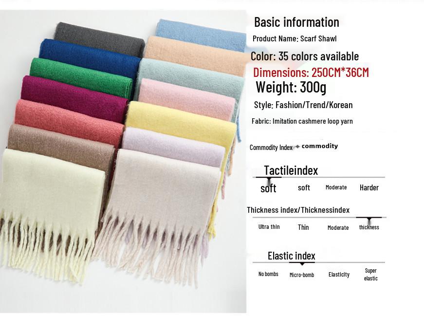 Men's and Women's Thick Woolen Scarf: Solid Color Knitted, Warm, Tassel-Edged, Imitation Cashmere for Winter