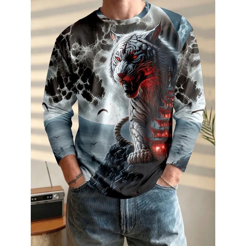 Tricou cu gât rotund și mânecă lungă, imprimat 3D, pentru bărbați, toamnă și iarnă