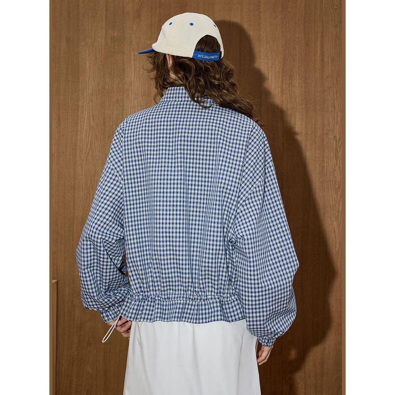 Coolhut Spring and Autumn Blue Plaid Waist-Cinching Jacket for Women with Drawstring Lettering Casual Short Versatile Jacket Top