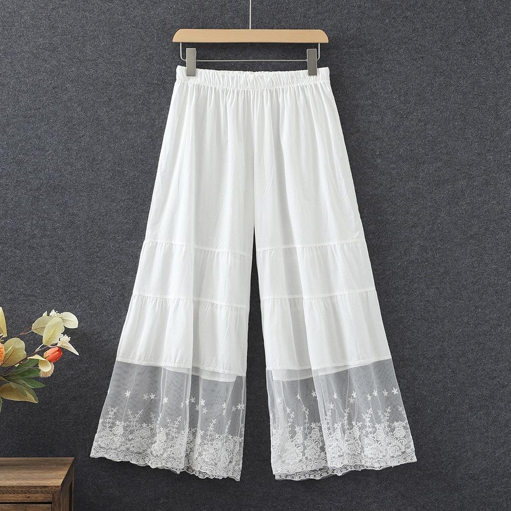 

Весенняя новая женская одежда маленькая свежая эластичная талия кружевная вставка леггинсы эластичная талия однотонные хлопок и лен широкие брюки L белый