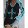 Plus Size Women's V-Neck Long Sleeve Cross Print T-Shirt Casual Loose Fit Top for Everyday Wear