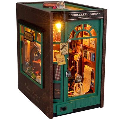 Moin Moin Dollhouse Miniature DIY Kit Set Green Magic Shop LED Light Paper Craft Bookends Book Town Bakery Classic Retro Realistic Design LED Light