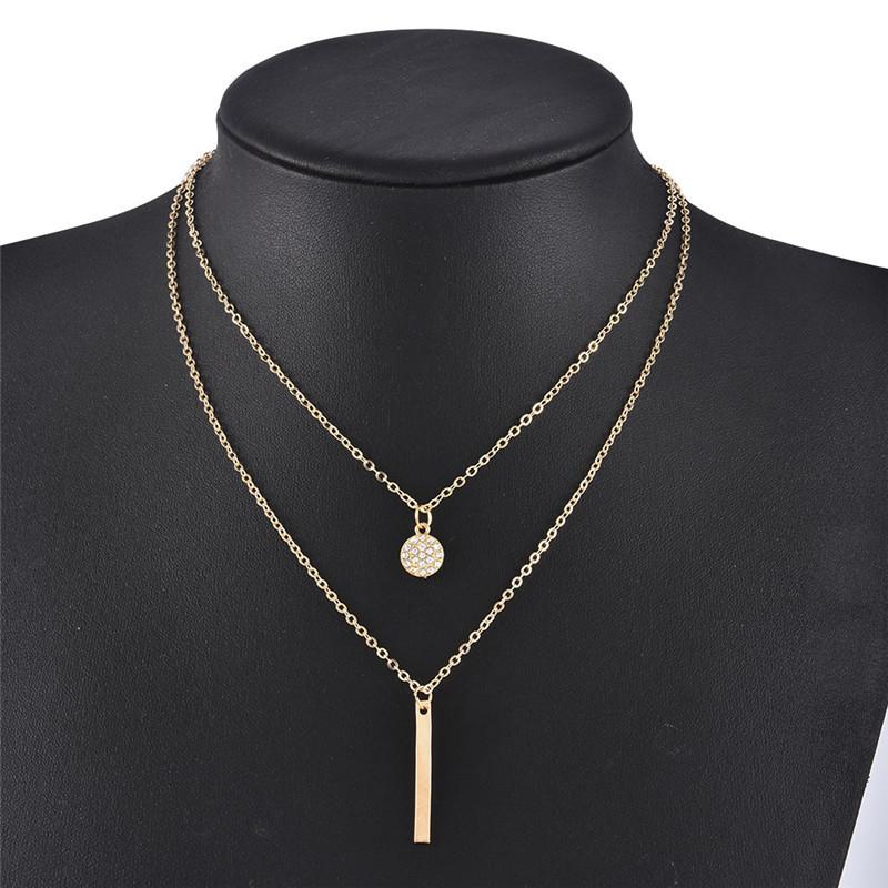 Necklace Geometric Strip Flash Diamond Round Double Necklace Women'S Fashion Diamond Collarbone Chain Necklace