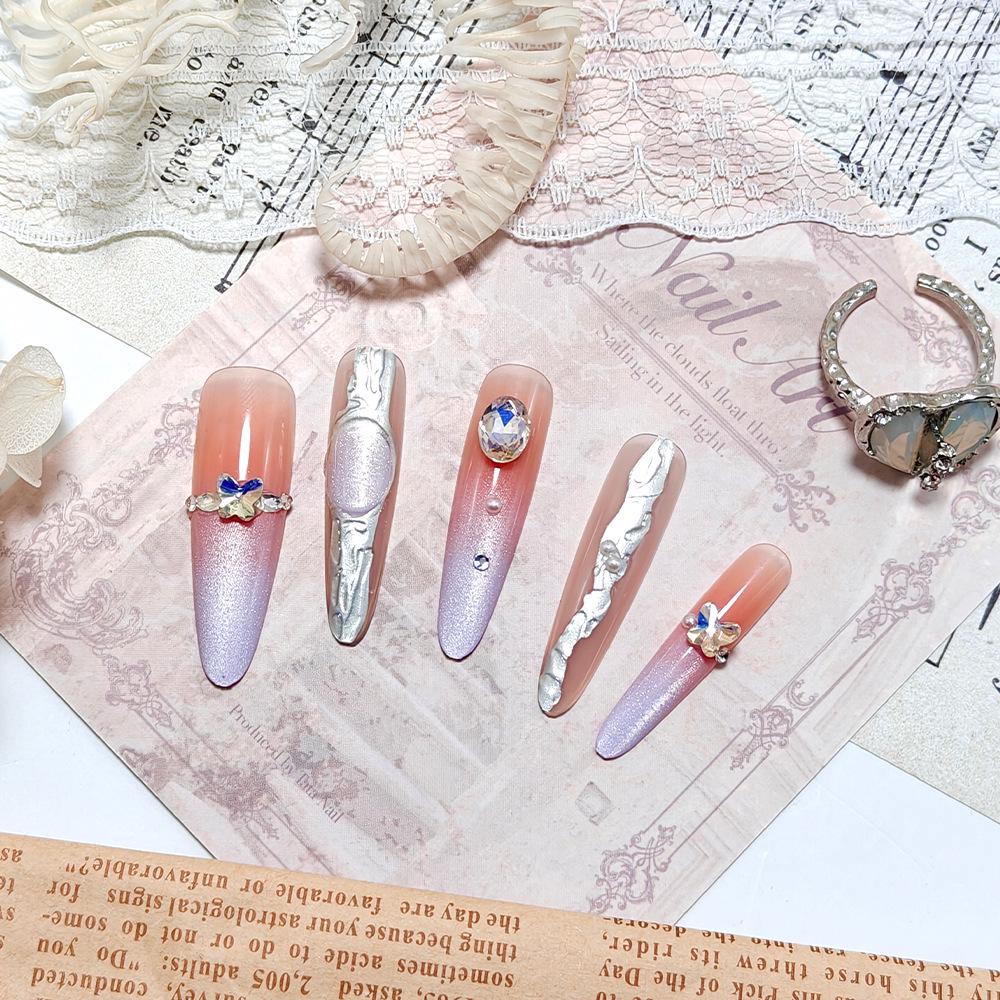 Elegant Long Blue Cat Eye & Butterfly Gradient Nail Stickers