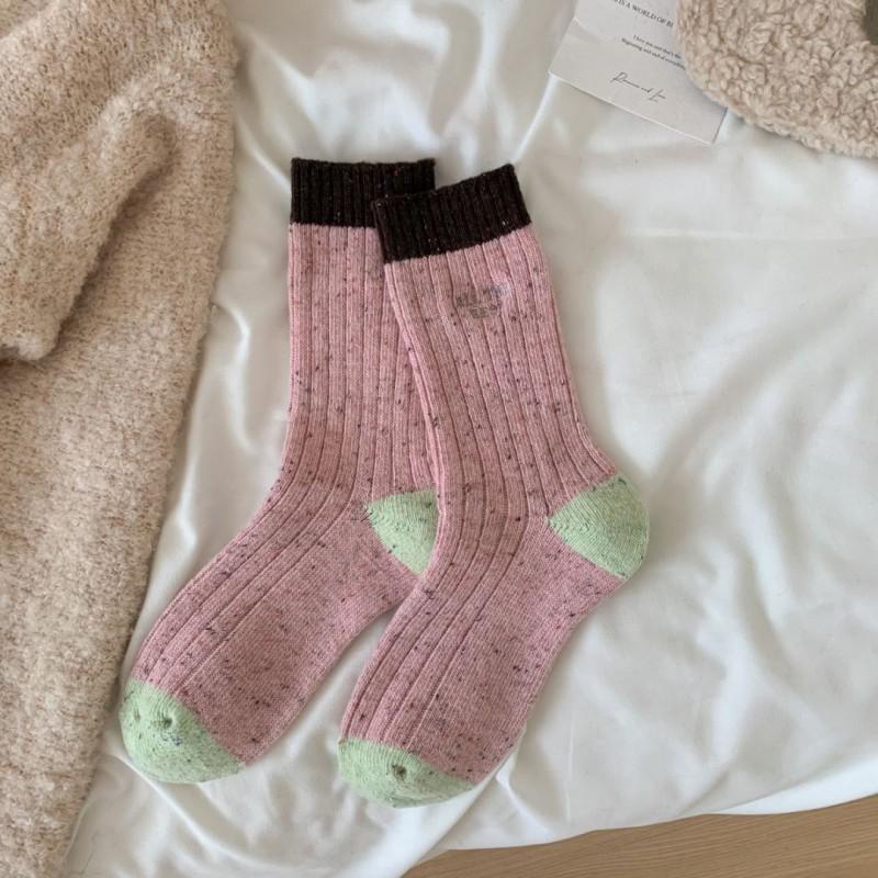 Korean Style Colorblock Thick Wool Blend Socks Women Warm Seamless Mid-Calf Crew Winter