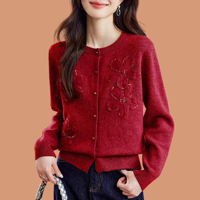 Women's Autumn Winter New Lace Flower Sequin Beaded Crew Neck Knit Cardigan Outerwear Sweater Coat Top