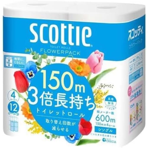 Flower Pack Toilet Paper, 3x Longer Lasting, Single (150m x 4 Rolls x 2 Bags) with Original Tissues, Bulk Purchase
