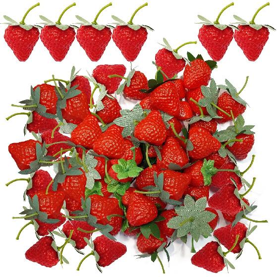 100 Pieces Fake Strawberries Fake Fruit Artificial Strawberry Kitchen Décor Plastic Strawberry Party Decorations Realistic Fake Food Lifelike for 100