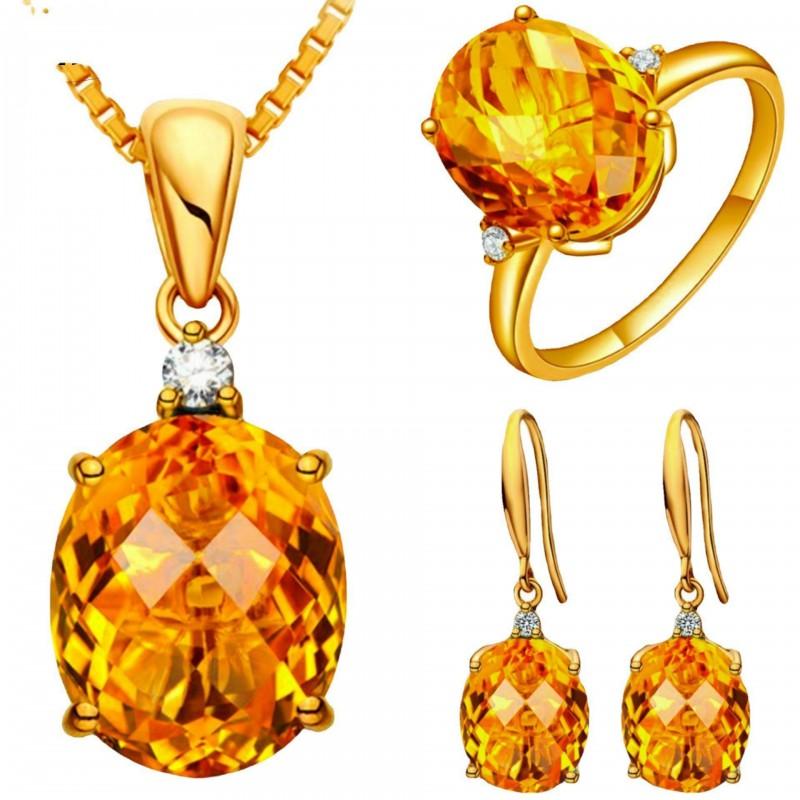 Elegant CZ Gemstone Pendant Necklace Set With Earrings Ring Women Blue Red Yellow Green Purple White Zircon Jewelry