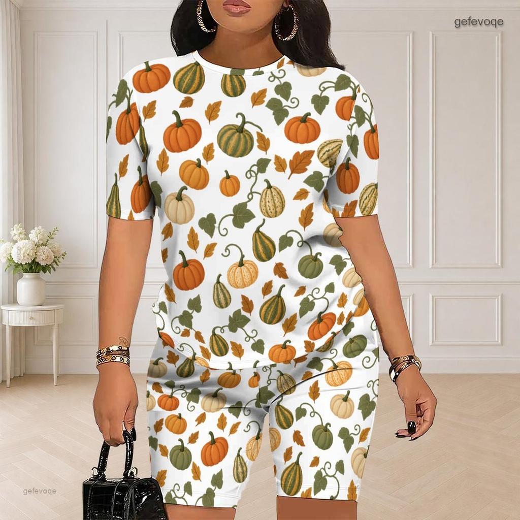 Women Plus Size Round Neck Short Sleeve Printed Top Fitted Shorts Two Piece Set