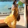 French Holiday Style Yellow Smudged Streamer V-neck Suspender Slim Dress, High-end Women's Summer Halter A-shaped Long Dress