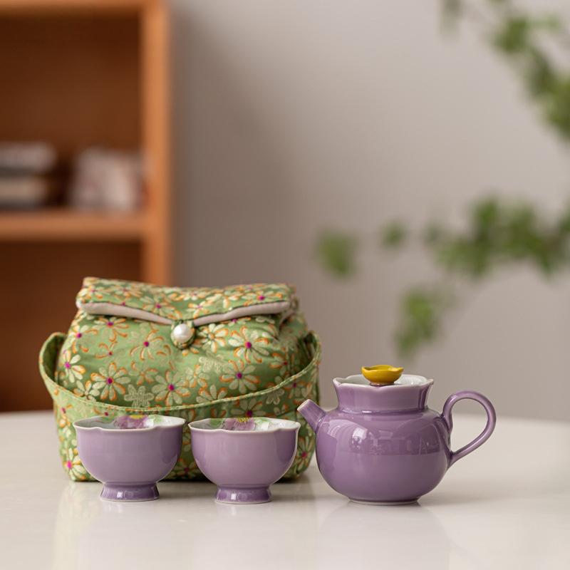 

Hand Drawn Flower Purple Travel Tea Set 1Pot 2Cups 1Bag Portable Kuaike Cup Office Outdoor Camping Tea Maker Tea Ceremony Three-piece Set
