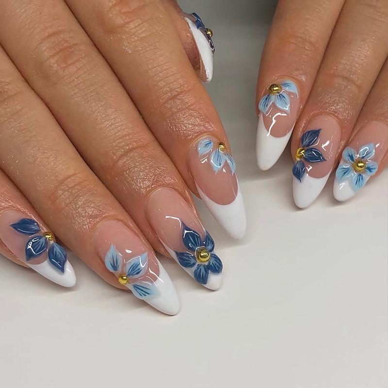 

24PCS Retro Blue Simple Flowers Almond Press on Nails Full Cover Glossy White French Nail Golden Steel Ball Fake Nails for Women