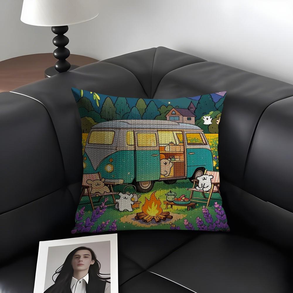 Happy Camper Cartoon House Cushion Cover Natural Linen Organic Fabric DoubleSided Printing Sofa Home Decor Gift Pillow Case