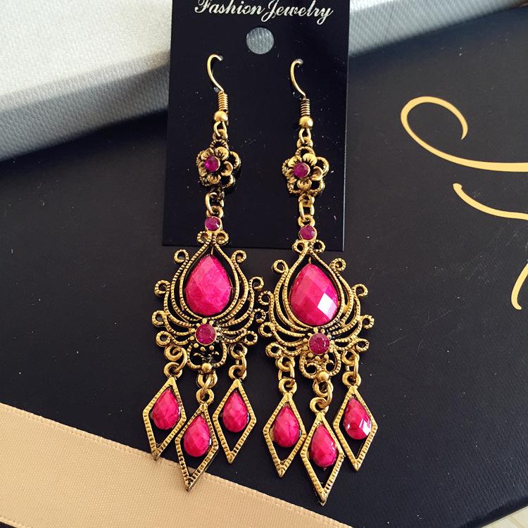 Vintage court gem set earrings long temperament bohemian earrings niche earrings women