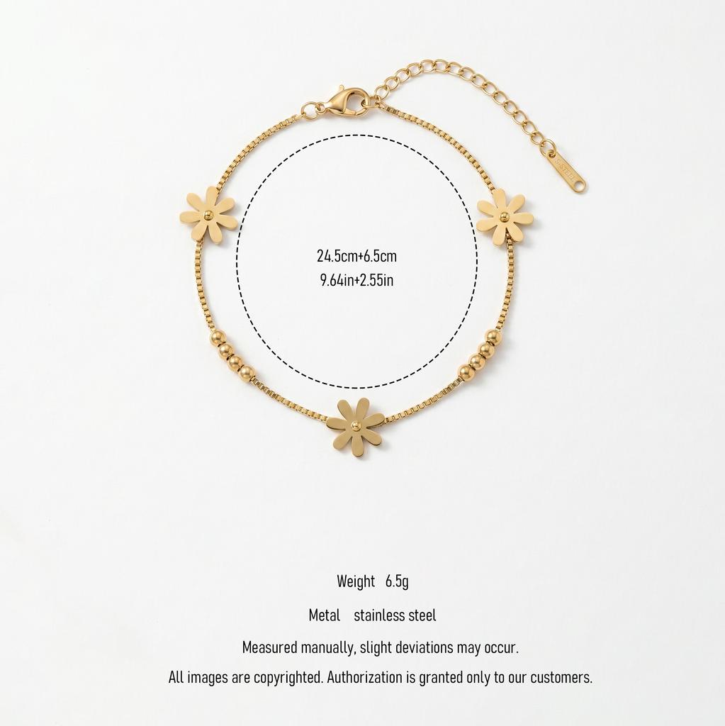 QIAOREN 11946 Elegant Boho Daisy Charm Bracelet Gold Stainless Steel Box Chain Beaded Floral Jewelry for Women EU US Hot Sell