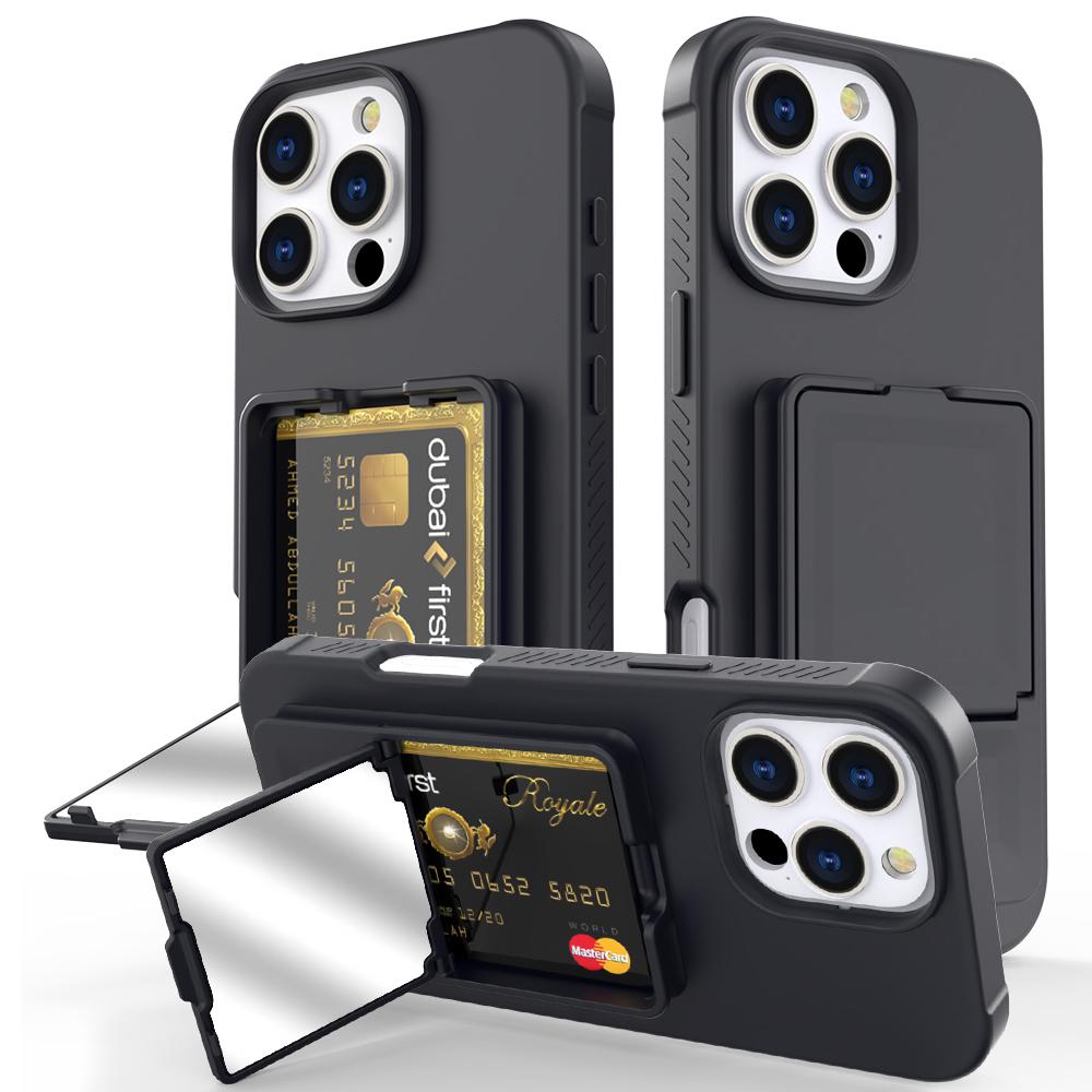 

For iPhone 16 Pro Case Skin-Touch Card Holder TPU+PC Phone Cover with Mirror Kickstand Black