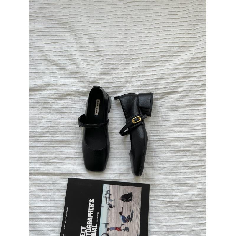 French retro square head shallow mouth single shoes women's middle heel 2025 spring and autumn evening temperament thick heel Mary Jane shoes