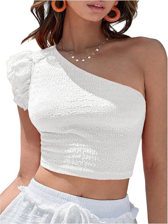 European and American New Summer Shoulder Asymmetrical Collar Fashion Solid Color Ruffle Edge Navel Short Top Women