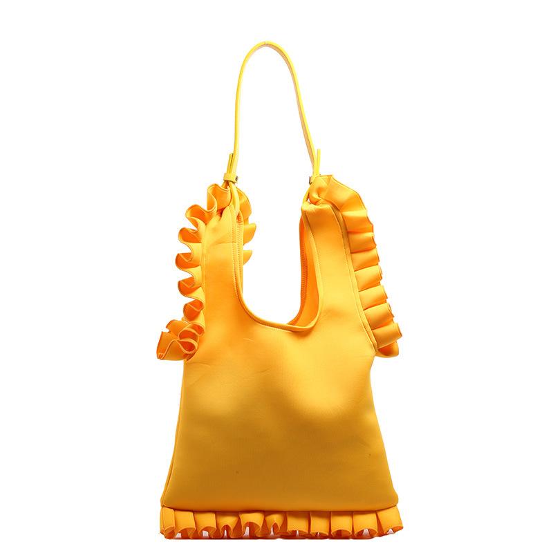 Korean Fashion Large Capacity Shoulder Bag Handbag Pleated Ruffle Trim Bright Solid Color Underarm Bag for Women