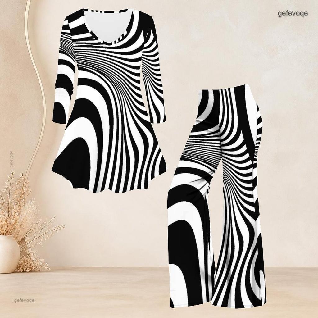 Women Plus Size Two Piece Set V Neck Three Quarter Sleeve Black White Printed Flared Top And Flared Pants