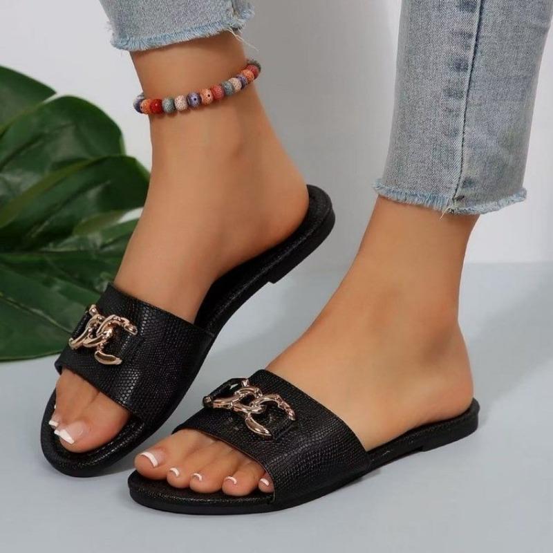 Large size 3 summer new lazy outer wear flat-bottomed slippers women's fashion metal buckle flip-flops versatile