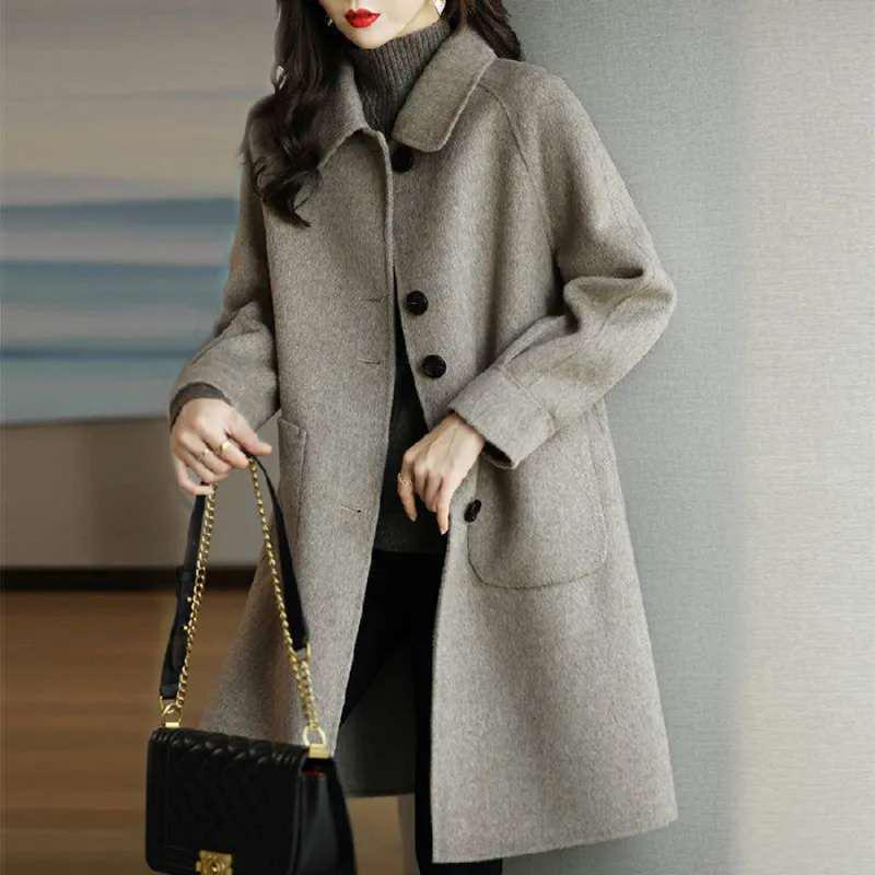 Women's Slim Woolen Mid-Length Coat - 2026 Autumn/Winter Korean Style, Petite & Plus Size, Thickened for Temperate Weather