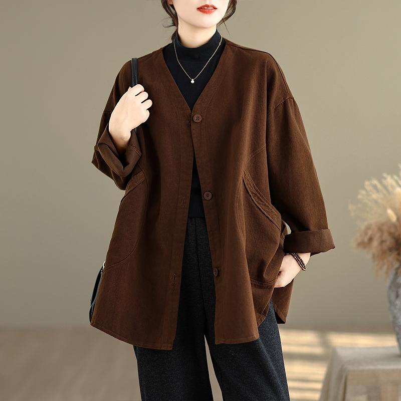 DIMANAF New Plus Size Autumn Women Coat Basic Long Sleeve Jackets Vintage Casual Loose Outerwear Cotton
