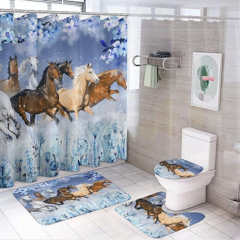 Rustic Aztec Horse 4 Pieces Shower Curtain Set,Boho Abstract Tribal Farmhouse Western Desert Horse Non-Slip Rugs Toilet Lid Cover Bath Mat and