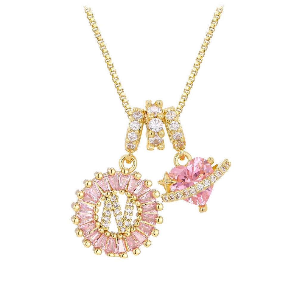 Pink Rock Candy 26-Letter Diamond Necklace with Gold-Plated Zircon and Round Flower Pendant