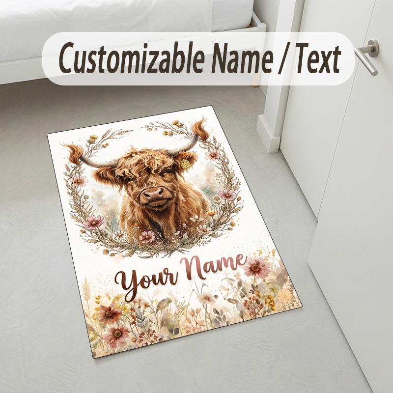 Cow Highland Theme Crystal Velvet Rug Personalized Custom Name Text Soft Floor Mat Home Decor