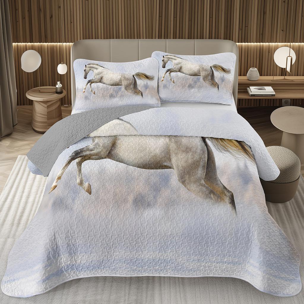Wild Horse Bedspread Queen/Full Galloping Horse Pattern Quilted Bedding Set Farm Animal Coverlet Set Reversible Rustic Bed Cover