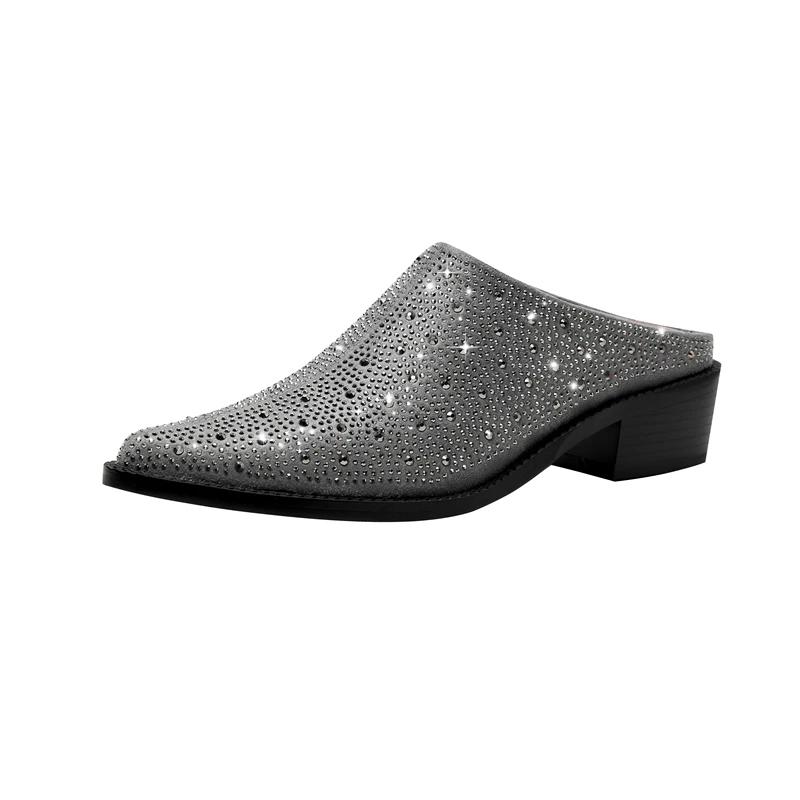 Fashion Women's New Summer European and American Comfortable Diamond Pointed Middle Heel Large Baotou Muller Slippers