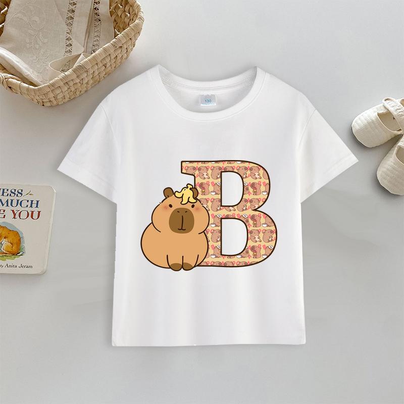 Tričko kapybara Potisk písmen A-Z Top Roztomilý Kreslený Anime Chlapecké Dívčí Oblečení Bavlna Kulatý Výstřih Kojenecké Krátký Rukáv Venkovní Oblečení