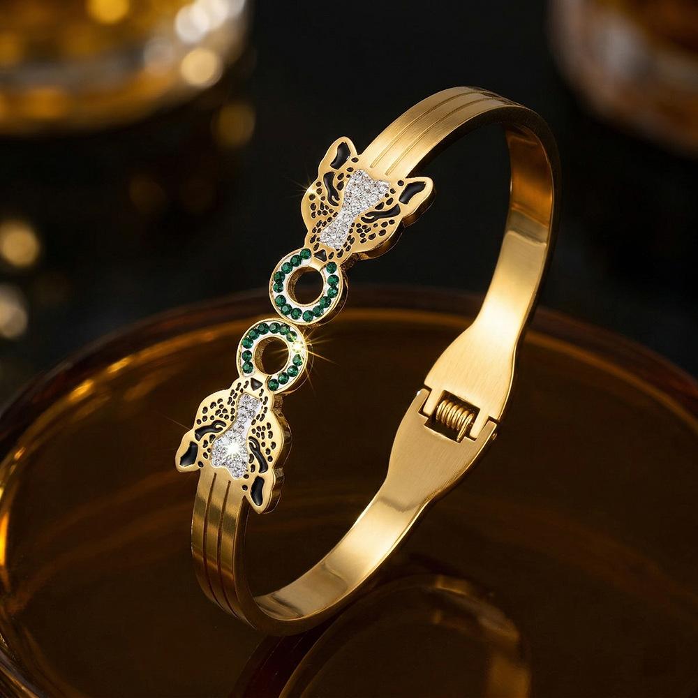 Bracelet Eco-friendly Steel Zircon Double Leopard Titanium Steel Bracelet One Size(18CM~21CM)