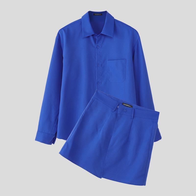 

INCERUN Мужские комплекты из двух частей: рубашки с длинным рукавом на пуговицах и запахом по низу. 5XL синий