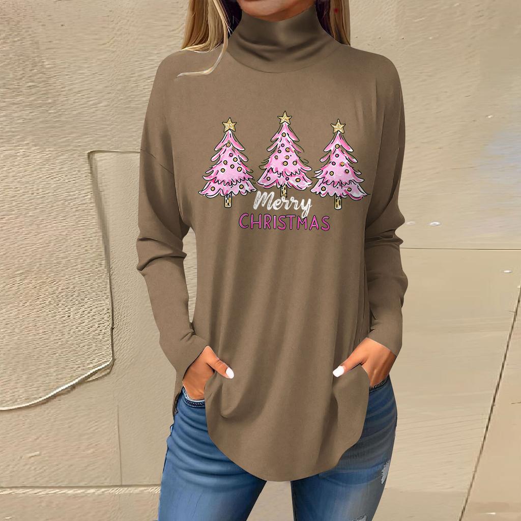 Women's Fashionable Loose-Fit High-Neck T-Shirt With Christmas Print Long-Sleeved Top