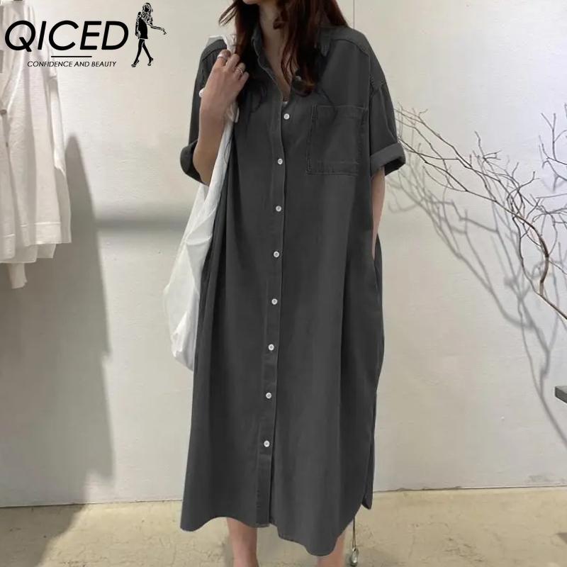 QICED Women's Fashion Summer Spring Solid Color Print Short Sleeve POLO Neck High Waist Casual Dresses