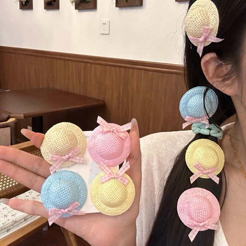 Cute Mini Straw Hat Hair Clips & Hair Ties No Hair Damage Soft Pastel Gingham Bows for Toddler Girls School Daily Wear