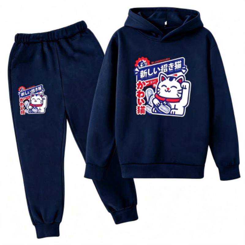 Fashion Cute Anime Cartoon Cat Print Kids Pullovers Pants 2-piece Set Street Casual Fashion Hoodies Vintage Boy's Girl Clothes