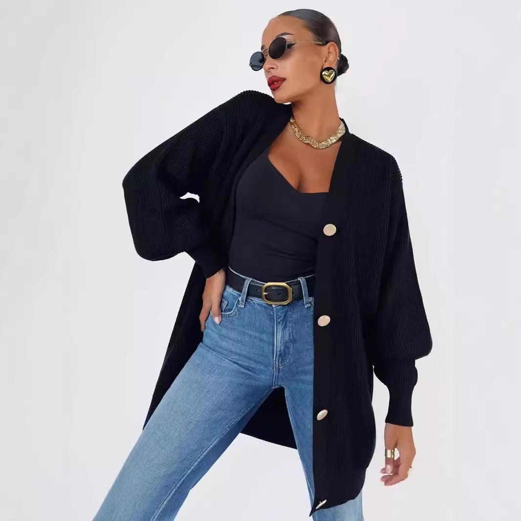 

Вязаный свитер средней длины, однотонный вязаный кардиган с V-образным вырезом L чёрный