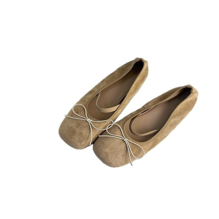 Square head single shoes women's flat bottom retro word with light mouth wide fat feet soft sole bow ballet shoes soft sole