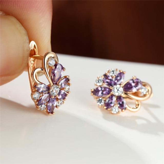 

Женские милые серьги-бабочки в виде цветка, свадебные серьги цвета розового золота, серьги-кольца из разноцветного циркония с радужным кристаллом для женщин фиолетовый