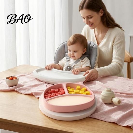 Travel Feeding Plate for Toddlers Silicone Suction Toddlers, Cute Bear Shape Unbreakable Divided BPA Free Infant Supplies Baby Bowl, Non Slip