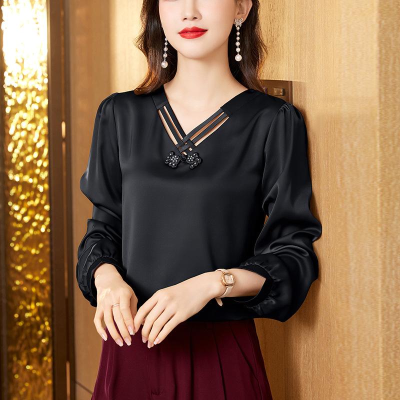 

Рубашка на пуговицах в китайском стиле для женщин Весенняя новинка Сатиновый топ с длинным рукавом Ретро стиль Рубашка для матери среднего возраста 4XL