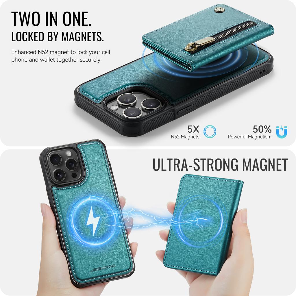 Etui JEEHOOD J12 do iPhone'a 14 Pro Magnetyczne Odpinany portfel na zamek Błyskawiczny Podpórka Skórzany tylny pokrowiec Kompatybilny z MagSafe