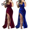Women Sling Sequins Long Dress Elegant Sexy One Shoulder Sequins Patchwork Sleeveless Shirring Gown Dress High Split Maxi Party Dress