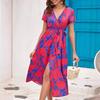 Women Summer High Waist A Line Dress Ethnic Printed Short Sleeve Lace Up