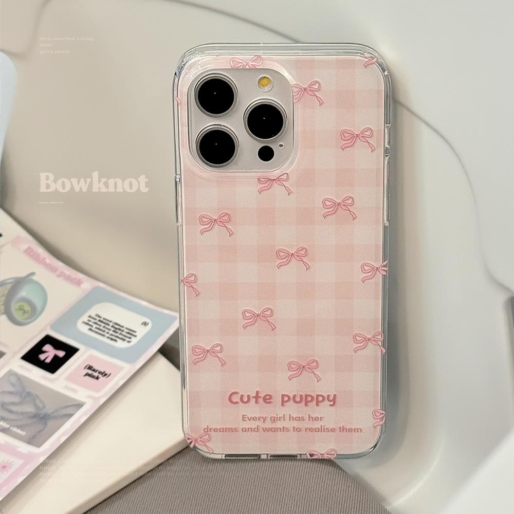 Double Layer Pink Plaid Mobile Phone Case Suitable for 14 Apple 15 Promax Bow Iphone13 Niche 11 Soft 16