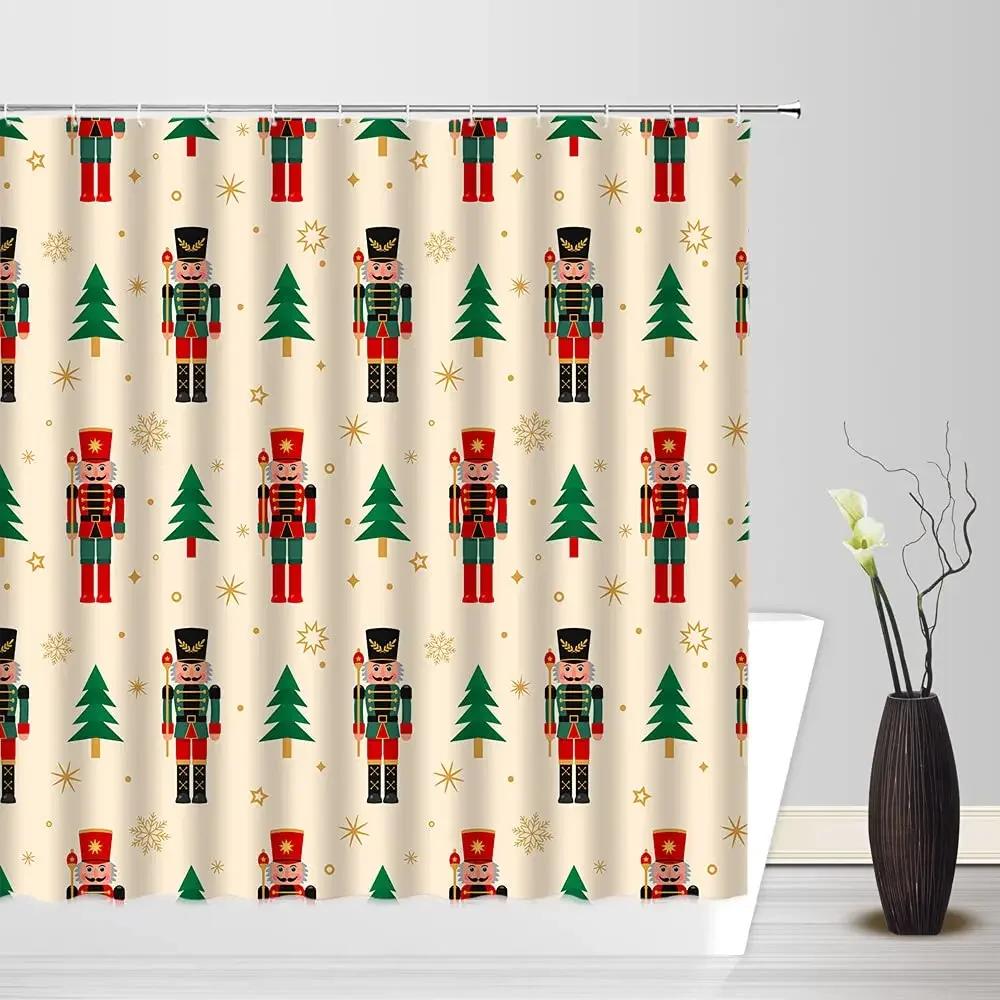 Christmas Nutcracker Shower Curtain, Christmas Tree Snowman Bathroom Curtain Decoration Set With Hook Fabric Christmas Gift